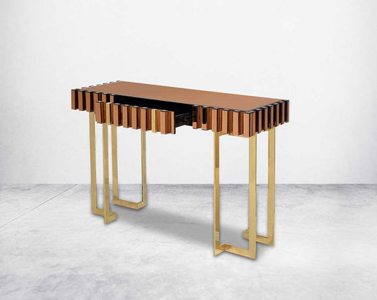 The table has one drawer with rectangular wall mirror with gold mirror border & stainless steel frame in rich contemporary design open drawer