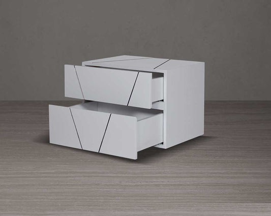 The bedside table is crafted in white lacquered high gloss finish with two spacious drawers in sleek modern design open 2 drawer