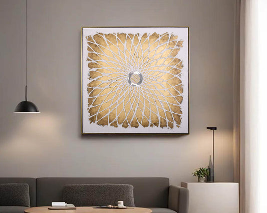 Abstract acrylic painting on canvas with gold frame perfect to enhance any modern and contemporary space with living room