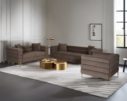 "This gorgeous neo-classic 3+2+1 seater sofa is upholstered in velvet fabric and comes with 5 cushions to compliment.