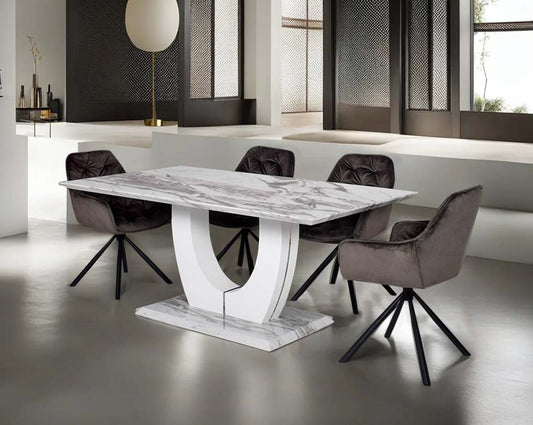 This 6 seater dining table comes with a white imitation Italian marble top with dining chair.