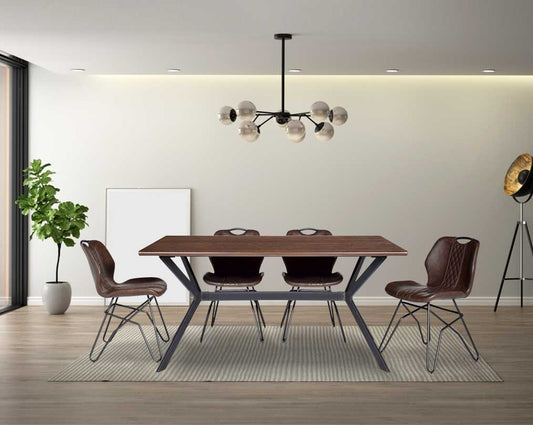 this 6-seater dining table comes with a wood veneer top with matt black metal base in a cross design This soft, cushioned dining chair features an extraordinary contemporary design with tufted back and cushioned seat with metal legs.
