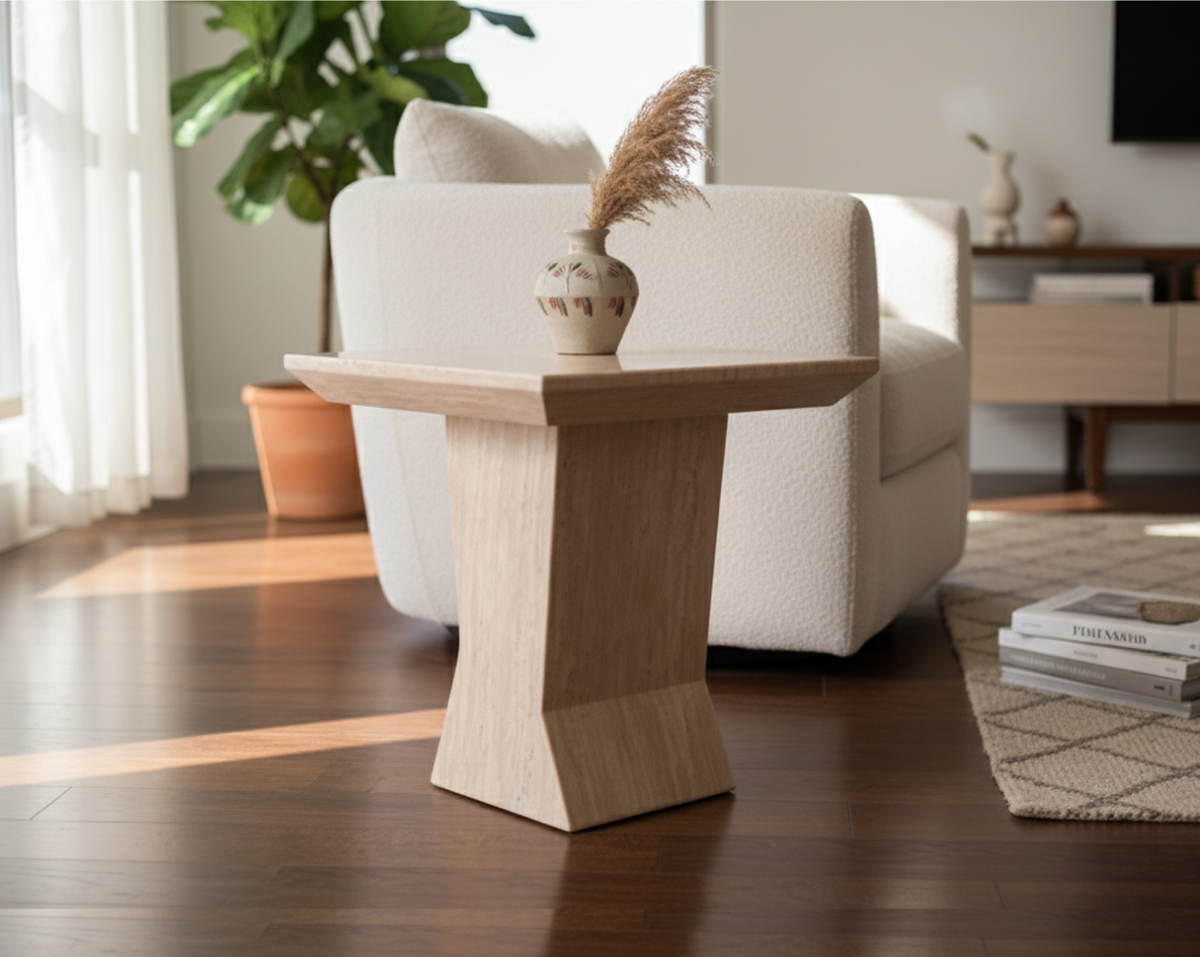Wooden side table in a living room setting with a white armchair and decor items.