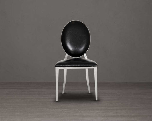 Dining chair upholstered in faux leather with front view stainless steel frame and legs.