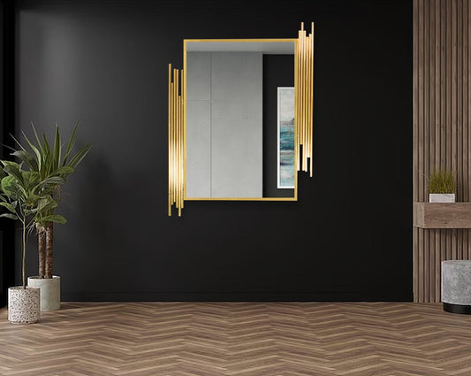 "Wall mirror with stainless steel border with gold finish in opulent & modern style. " with living room