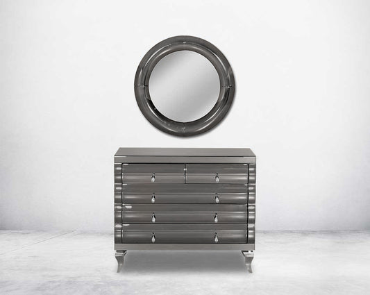 Round wall mirror with grey curved mirror with table border in rich contemporary design.
