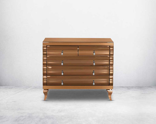 Chest of drawers in curved tawny mirror with rose gold plated stainless steel legs front view