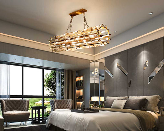 Cylindrical crystal glass pendant lamp with metal brass plated. with living room