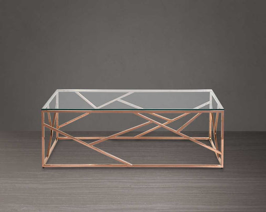 Coffee and end table with clear glass top and rose gold plated stainless steel frame in sleek contemporary design front view.