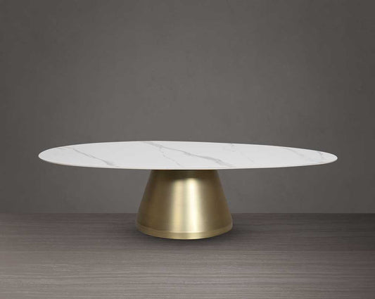 This oval coffee table is a captivating composition of a round white & grey ceramic top & conical metal base