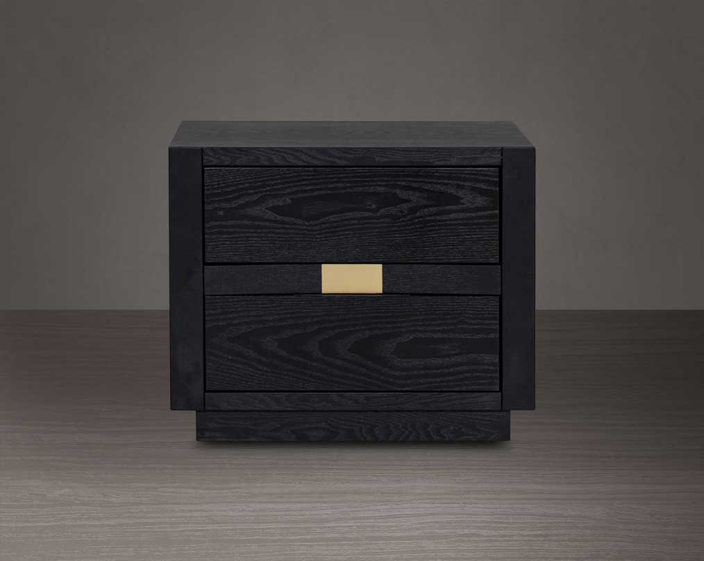 Bedside table in wood & oak veneer with closed two drawers.