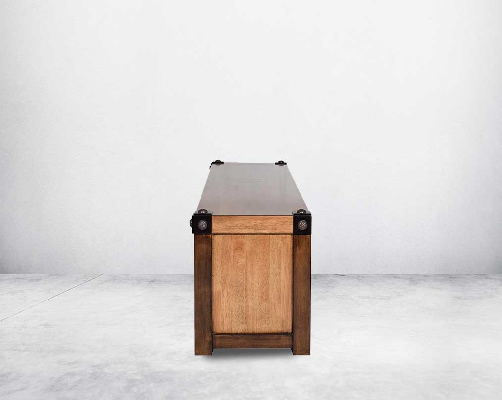 TV unit in vintage brown oak wood with two drawers and shutters with transparent glass.