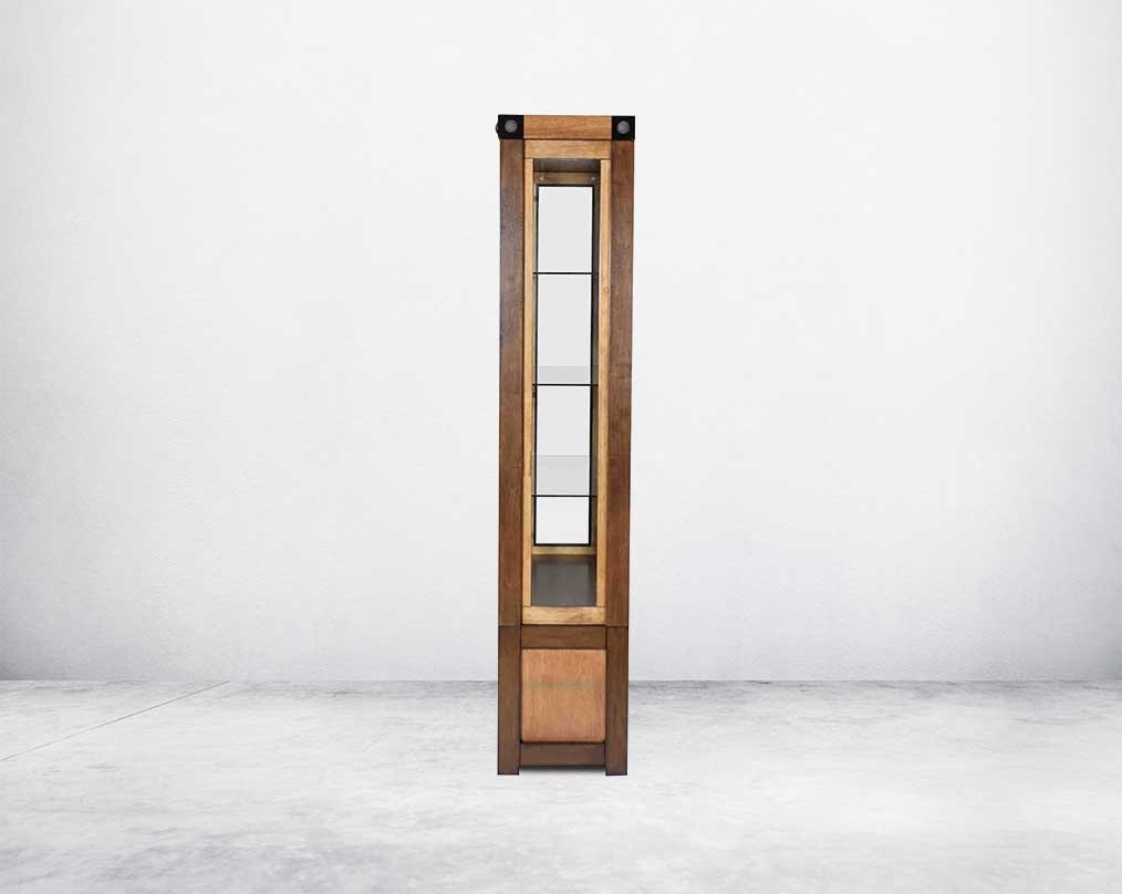 Display cabinet in vintage brown oak wood veneer with wooden frame & clear glass doors with front view
