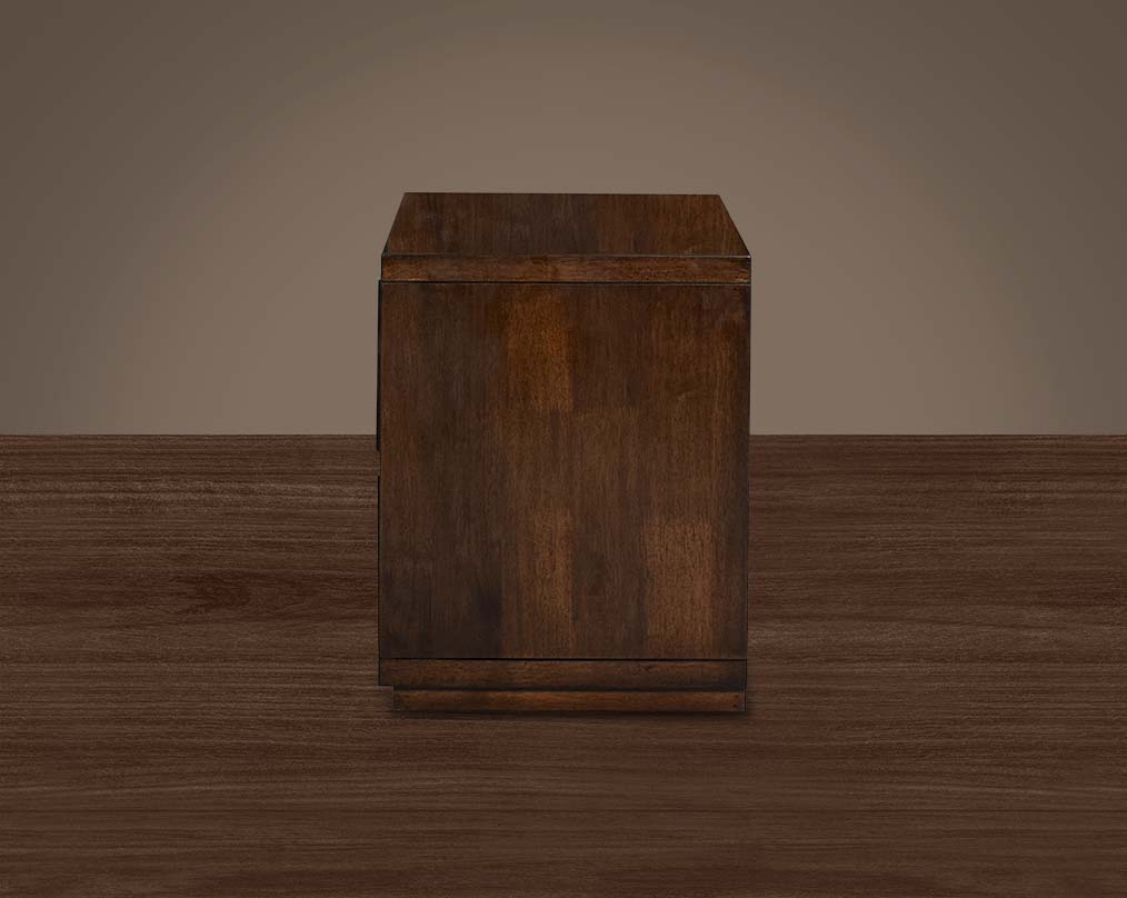 Bedside table with 2 drawers in dark walnut & bamboo knitted drawer back view