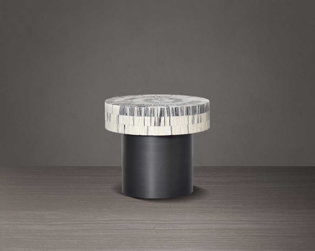 This gorgeous antique black and white inlay coffee and end table with a black metal base is a perfect statement piece in your living room- large