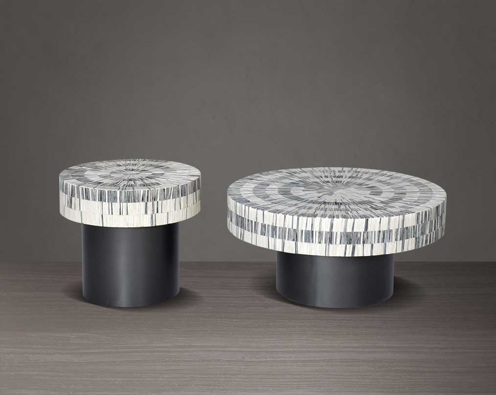 This gorgeous antique black and white inlay coffee table with a black metal base is a perfect statement piece in your living room - 1 small 2 large