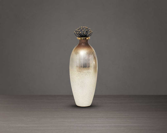 Decorative bottle in champagne & black busanga luster glass with ornamental aluminum lid.