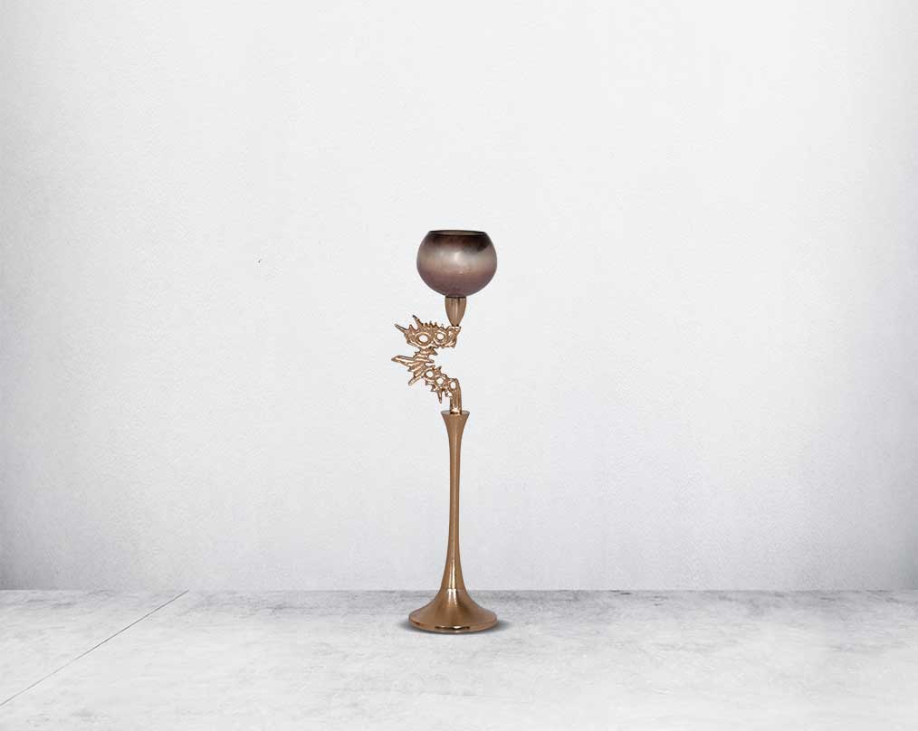 Goblet glass votive t-lite holder in champagne & earthy haven lustre glass with antique gold finish aluminium decorative base. small
