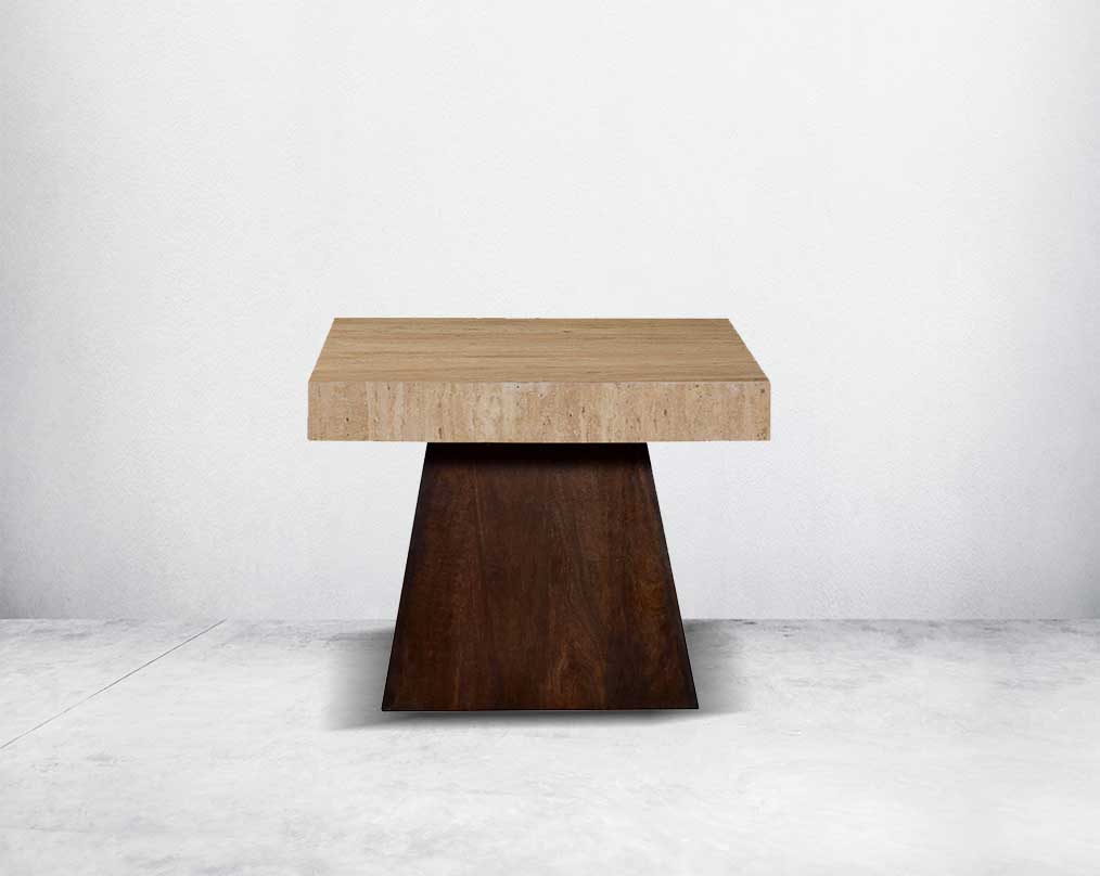 This stylish square coffee and end table set is an embodiment of rustic luxury. It is cast in travertine Italian marble with a wooden conical base.