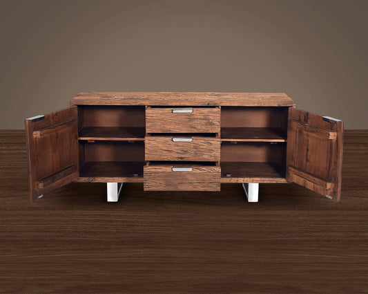 Sideboard/ Buffet in sleeper wood with open drawer which has been recycled from railway tracks in a rustic and natural finish with stainless steel base and handles.