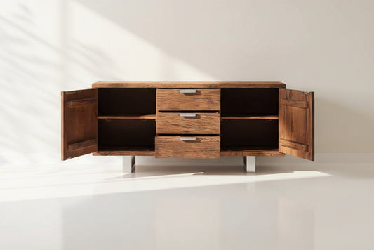 Sideboard/ Buffet in sleeper wood with open drawer which has been recycled from railway tracks in a rustic and natural finish with stainless steel base and handles.