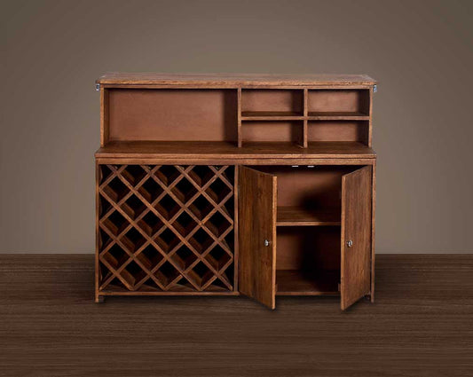 Bar counter in mango wood and stainless steel, with open drawer front in glass and sleeper wood which has been recycled from railway tracks in a rustic & natural finish with storage.