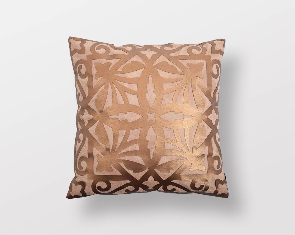 Beige and antique gold cut out leather cushion