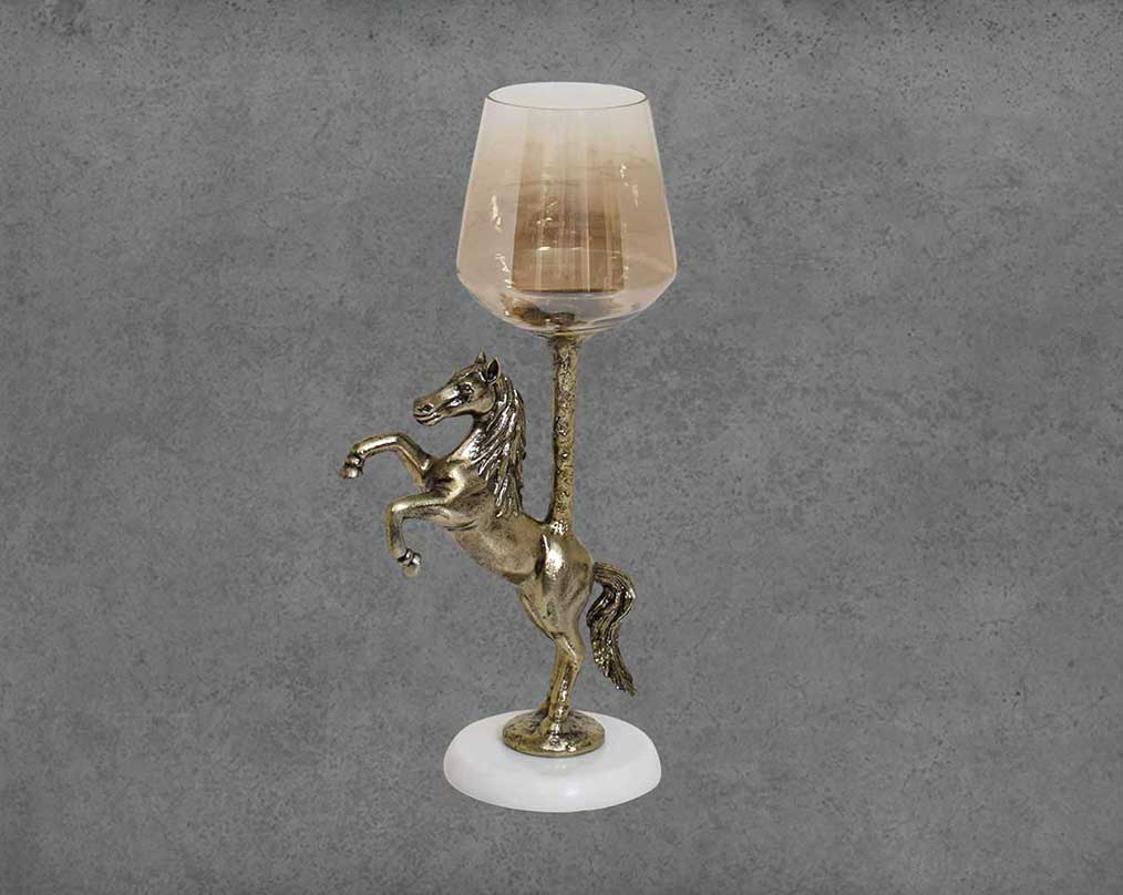 Adella Pillar Candle Holder with jumping horse in golden color- large