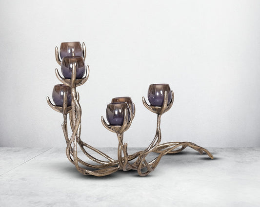 Multi T-light votive holder in grey lustre glass with gold-finished aluminium base.