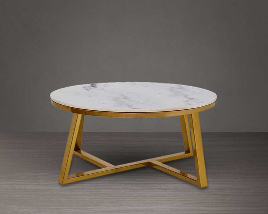 Round coffee table with natural marble-top and titanium gold plated stainless steel base in a geometric design.