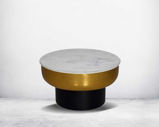 this beautiful & expertly crafted drum storage coffee table, which comes with a white marble top & gold finish with a black base.