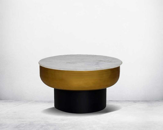 Shop this beautiful & expertly crafted drum storage coffee & end table set, which comes with a white marble top & gold finish with a black base.