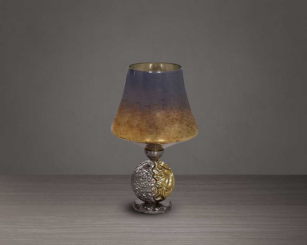 Candle holder in solstice champagne lustre glass and antique nickel-plated textured aluminum decorative base. small