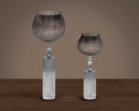 Goblet candle holder in grey and gold lustre glass with taupe ombre feel & acrylic decorative base.