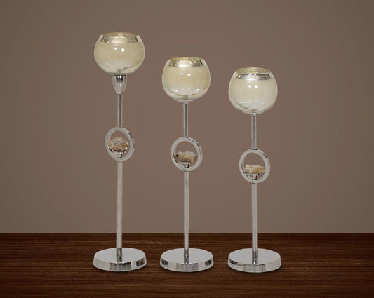 "Pillar goblet candle holder in taupe lustre glass with nickel-plated textured aluminum decorative base. " 1large 2 medium 3 small