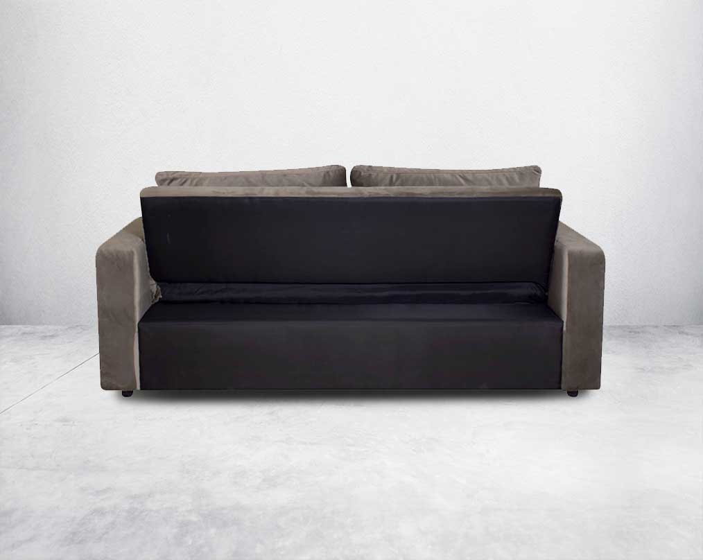 Our stylish sofa cum bed that enhances the aesthetic appeal of your living space. Featuring wide arm rests with two glass holders and deep cushioned seat that offers maximum utility space. It comes upholstered in fabric with wooden legs. It features a fol