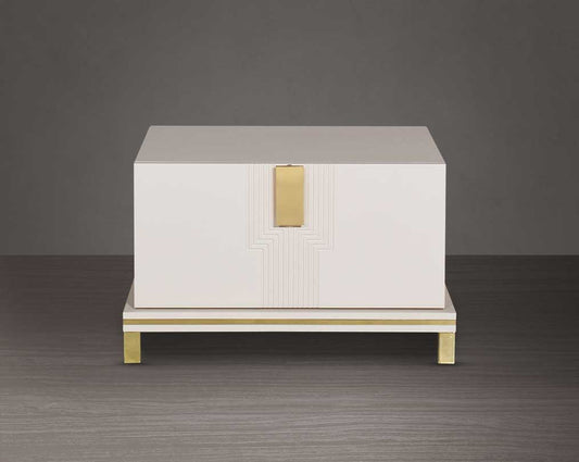 Bedside table lacquered in high gloss with a spacious drawer with front view gold finish handle & base.