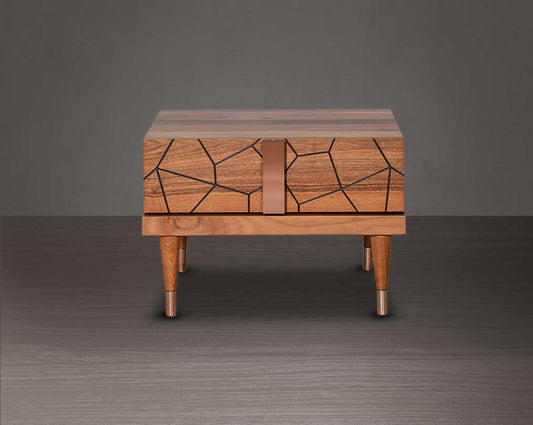 luxury Bedside Table constructed from walnut veneer in a geometric pattern, one drawer with a rose gold plated stainless steel handle with wood base.