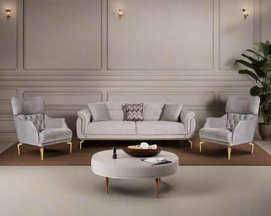 3 +1+1 seater sofa upholstered in fabric with tufted back & sides in modern classic design. The backrest is reversible which creates more sitting space