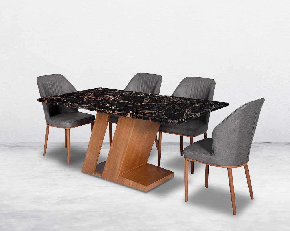 6 seater rectangle dining table with dining chair brown imitation marble top and walnut wood base with side view