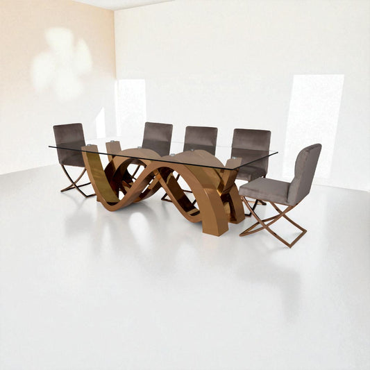 Modern dining table with glass top and curved wooden legs, surrounded by four chairs on a white floor.