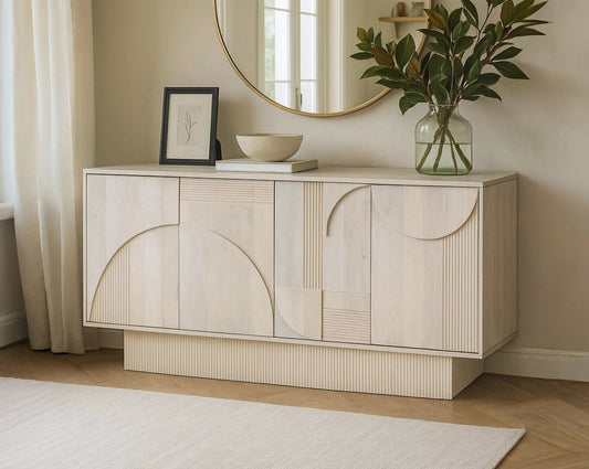 Beige sideboard with decorative items in a room setting
