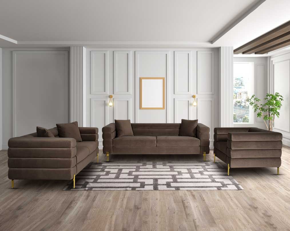 "This gorgeous neo-classic 3+2+1 seater sofa is upholstered in velvet fabric and comes with 5 cushions to compliment.