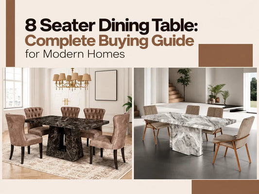 8 seater dining table buying guide featuring two elegant marble dining table setups, including a dark luxury table and a light contemporary design for modern homes.