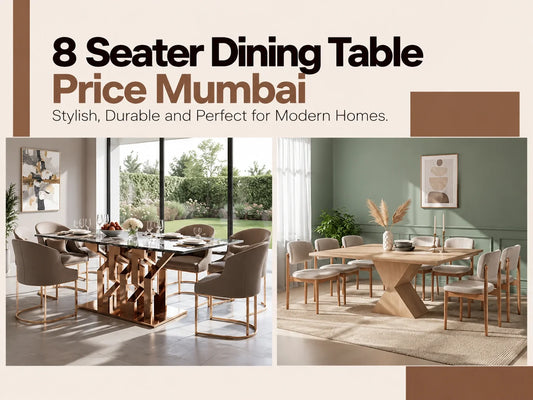8 seater dining table price in Mumbai featuring two stylish dining table setups with modern geometric bases, upholstered chairs, and contemporary home interiors.
