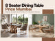 8 seater dining table price in Mumbai featuring two stylish dining table setups with modern geometric bases, upholstered chairs, and contemporary home interiors.