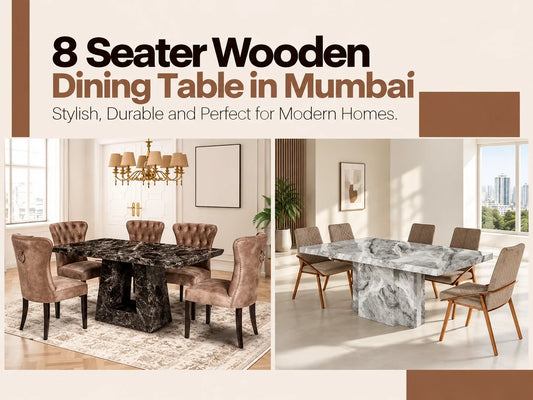 8 seater wooden dining table in Mumbai featuring two elegant dining table setups with luxury dark and light finishes in modern interiors.