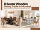 8 seater wooden dining table in Mumbai featuring two elegant dining table setups with luxury dark and light finishes in modern interiors.