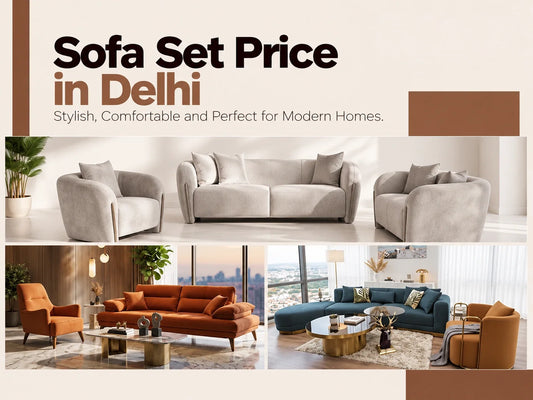 Sofa set price in Delhi featuring modern white, orange, and blue sofa sets in stylish contemporary living room interiors.