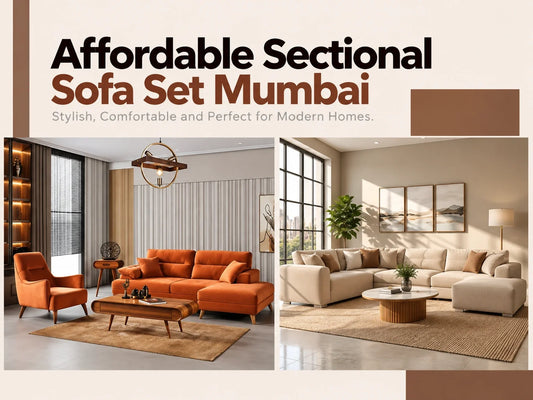 Affordable sectional sofa set in Mumbai featuring a modern orange sectional and a spacious beige L-shaped sofa in stylish contemporary living room interiors.